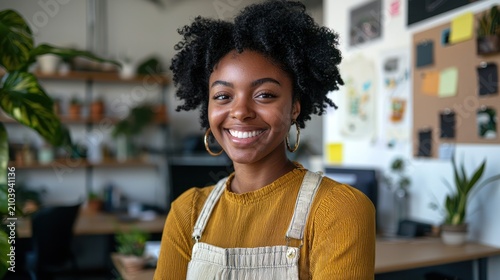A young woman with curly hair stands in a cozy, plant-filled office or home workspace,