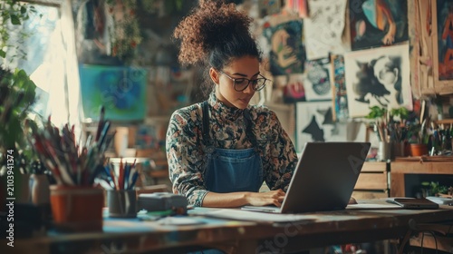 A young woman with curly hair, wearing a floral shirt and a blue apron, is working
