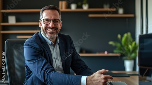 A middle-aged man in a professional setting, smiling and sitting at a desk.