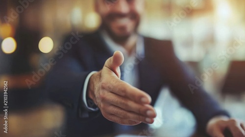 A man in a suit is extending his hand for a handshake in a blurred, warm-lit background, likely in a professional setting.