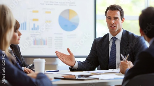A professional setting where a businessman in a suit is speaking to two other individuals,