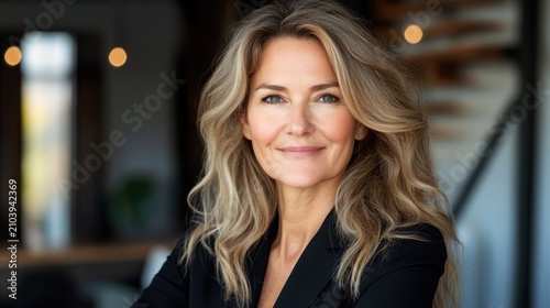 A woman with long, wavy blonde hair stands in a modern,