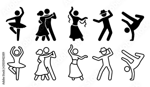Stick Figure Dancers Icon Collection: Ballet, Ballroom, and Jazz Pictograms