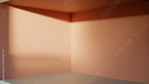 Empty room corner with soft peach walls and dramatic light shadow interior