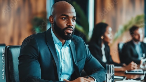 A bald man in a dark suit and light blue shirt sits at a conference table, looking serious and focused.