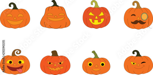 Cute Halloween Pumpkin Faces Flat Vector Icon Set Collection Illustration