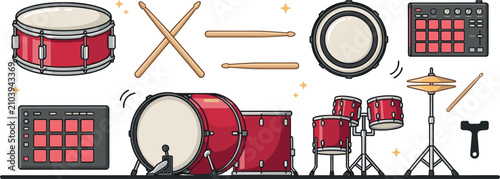 Fotografie Acoustic Drum Kit and Electronic Percussion Vector Set with Red Snare Bass Drums