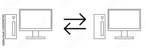 Computer network data exchange with bidirectional arrows line art illustration
