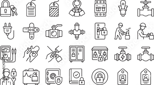 Lockout Tagout LOTO Line Icons Pack with Safety Padlocks, Energy Isolation Tags, Hasp Locks, Circuit Breaker Lockouts, Valve Covers, and Industrial Maintenance Safety Symbols