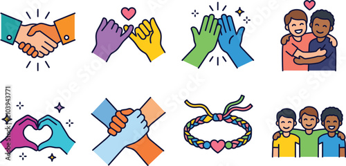 Foto Colorful vector graphic icon set displaying diverse hands and people symbols rep