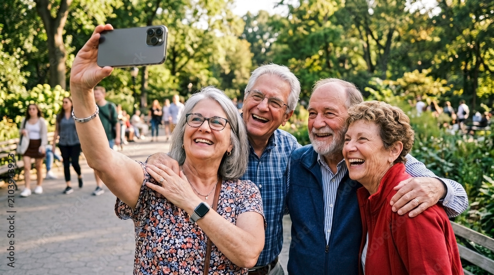 Fototapeta premium Joyful elderly friends taking selfies with phone in park, capturing happy memories. Four senior companions laugh, smile. Inspiring active senior lifestyle, friendship celebration.