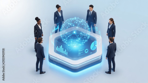 Isometric 3D illustration of business team standing around a glowing futuristic AI hologram platform with data charts and network icons, artificial intelligence collaboration and innovation concept