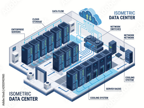 Isometric data center with servers and cloud computing infrastructure. 3D network hub illustration featuring IT hardware, cooling systems, and digi...