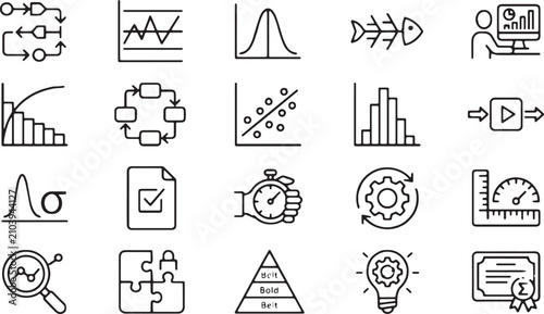 Six Sigma and Lean Manufacturing Line Icons Pack with DMAIC Process, Control Chart, Bell Curve, Ishikawa Fishbone Diagram, Pareto Analysis, and Quality Control Symbols