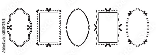 Coquette frames set, oval and rectangle. Outline hand drawn ribbons and bows. Crayon borders in vintage style, scalloped edge. Decorative graphic elements, ideal for wedding cards, romantic designs.