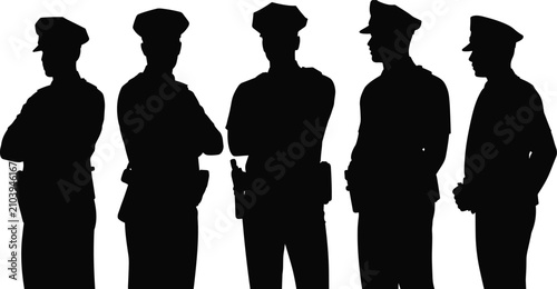 Schilderij op canvas Police officers silhouette a lineup of law enforcement professionals in uniform