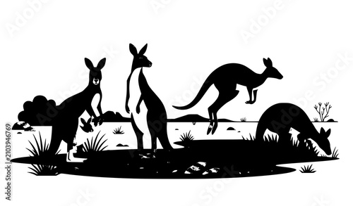 Konstfotografi SEO Title:
Wild Australian Kangaroo Mob Flat Vector Illustration with Joey and O