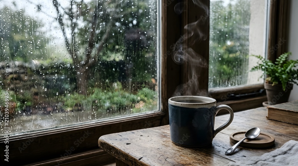 Obraz premium Cozy Coffee Cup on Wooden Table by Rainy Window with Greenery View.
