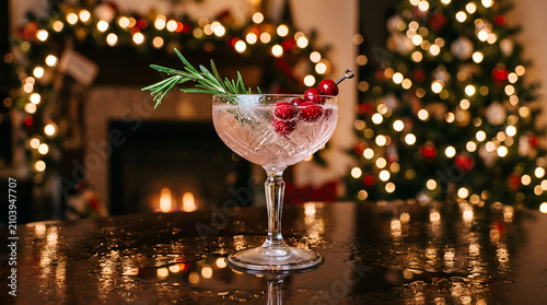 A sparkling cocktail with a rosemary sprig and fresh cranberries, served in a vintage coupe glass, standing on a reflective dark surface with bokeh Christmas lights
