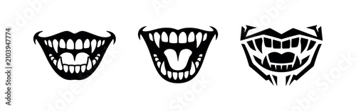 Slika na platnu Monster Mouth and Sharp Fangs Icon Set - Horror and Fantasy Creature Elements