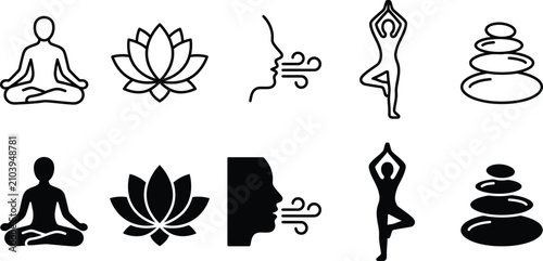 Fotografie Meditation and Mindfulness Wellness Icons for Yoga Breathing Relaxation and Holi