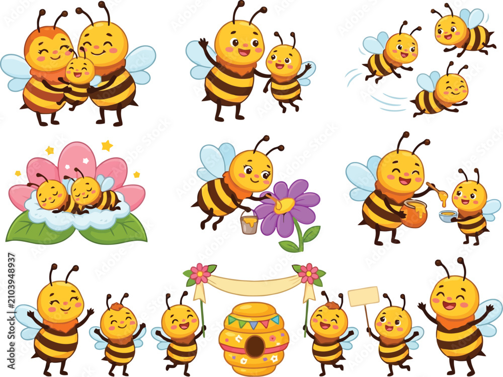 Fototapeta premium Cute cartoon bee characters set with family, flying, and interacting with nature, honey theme.