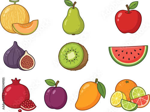 Set of fresh fruits cartoon illustration on transparent background, healthy food concept.