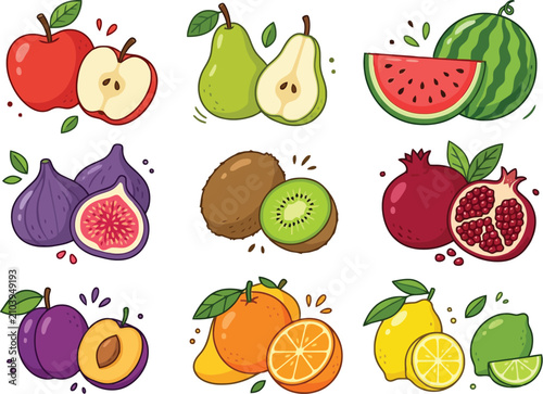 Collection of fresh fruits cartoon illustration set on transparent background, healthy diet concept.