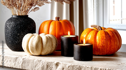 Elegant Halloween interior decor with pumpkins black candles vase and dried grasses