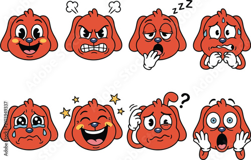 Set of cute red dog character stickers with different facial expressions and emotions.