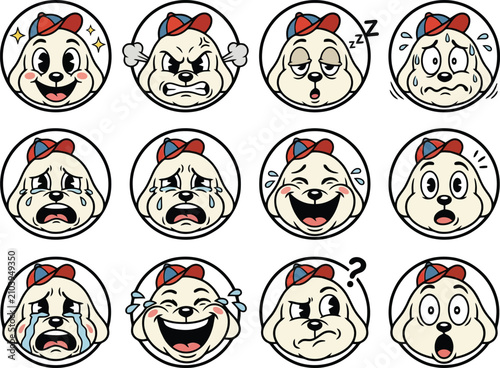Cute puppy character stickers with various facial expressions inside round frames.