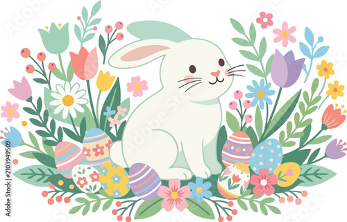 Cute white rabbit sitting in spring flowers and Easter eggs on transparent background.