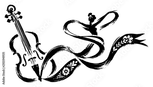 Photography Violin with decorative folk ribbon and dancer silhouette in artistic black ink b