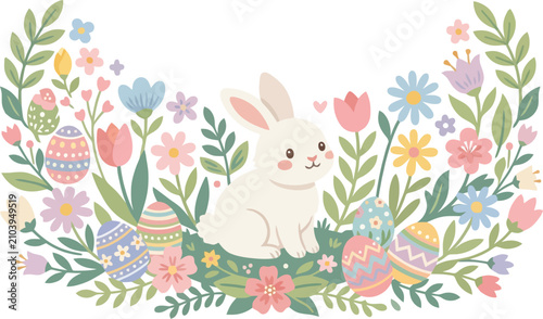 Cute white rabbit sitting in spring flowers and Easter eggs on transparent background.