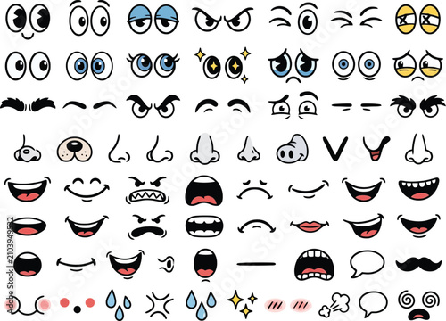Funny cartoon face elements and expressions construction set.