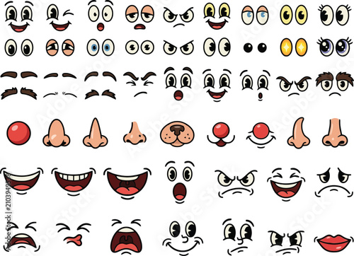 Cartoon facial features construction kit for character design creation.