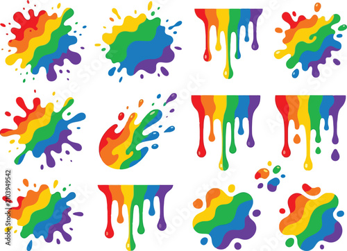 Colorful paint splashes and rainbow liquid drips collection.