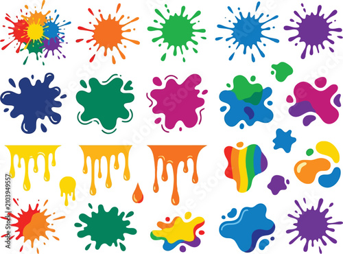 Vibrant paint splashes and dripping colorful liquid stains set.