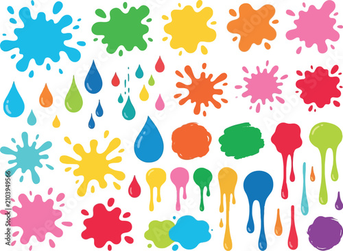 Colorful paint splashes and liquid ink drops collection isolated on transparent background.