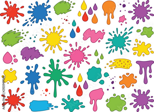 Vibrant cartoon ink splatters and dripping paint blobs set for creative design projects.