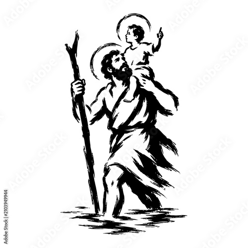 Foto Saint Christopher carrying the Christ child across water in expressive black ink