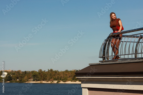 Full length portrait of a beautiful young woman with long light brown hair in a brown blouse and pants sitting on a metal railing over a city river