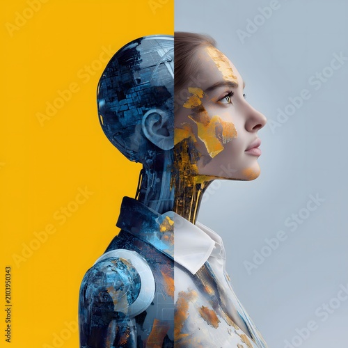 A profile view, with a human face on the right and a robotic structure on the left.