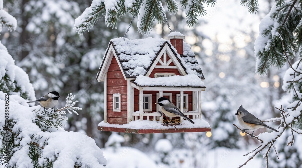 Naklejka premium Snowy Winter Cottage Bird Feeder with Chickadees