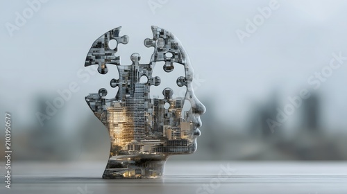 A human head sculpture composed of jigsaw pieces, with a metropolitan cityscape inside.