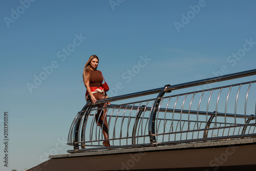 Full length portrait of a beautiful young woman with long light brown hair in a brown blouse and pants sitting on a metal railing over a city river