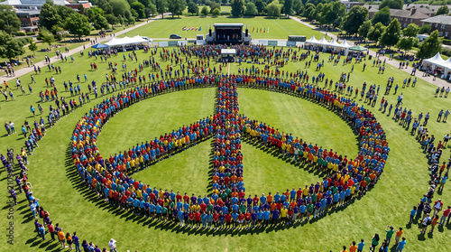 Aerial view of people in colorful clothing creating a human peace symbol for global harmony