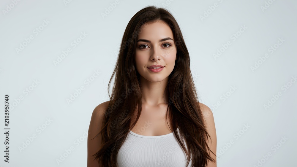 Fototapeta premium Portrait of a Young Woman: A beautiful young woman with long, dark hair and a serene expression looks directly at the camera, her subtle smile hinting at inner confidence and grace.