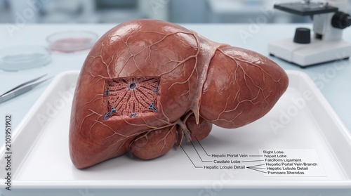 Anatomical Human Liver Model Showing Hepatic Lobules and Portal Vein on a Lab Tray in a Medical Research Facility