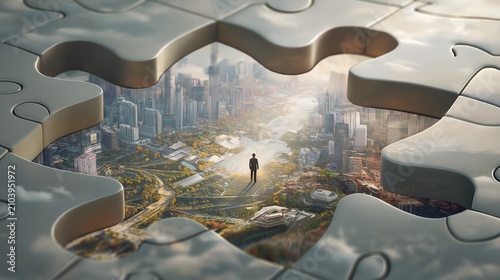 A missing jigsaw piece reveals a city scene with a figure standing in the center.